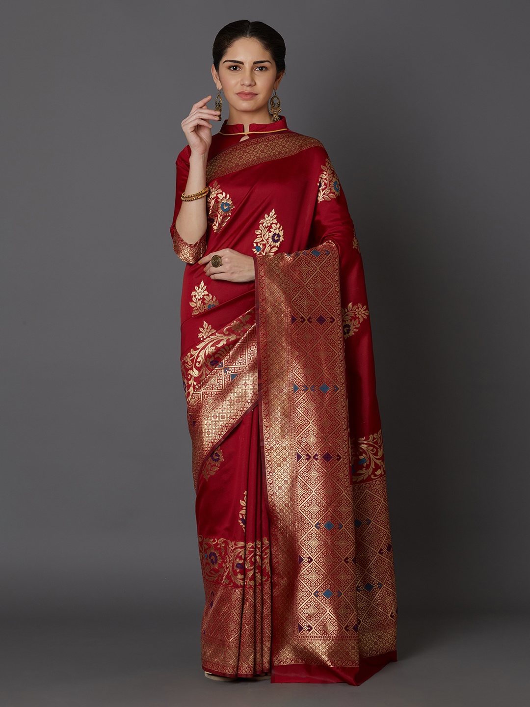 

Mitera Maroon & Gold-Toned Silk Blend Woven Design Kanjeevaram Saree
