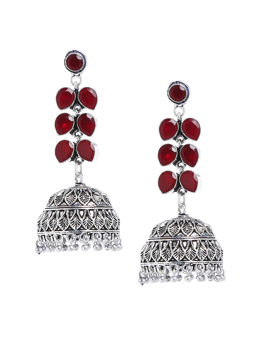 

Bamboo Tree Jewels Silver-Toned & Red Dome Shaped Jhumkas