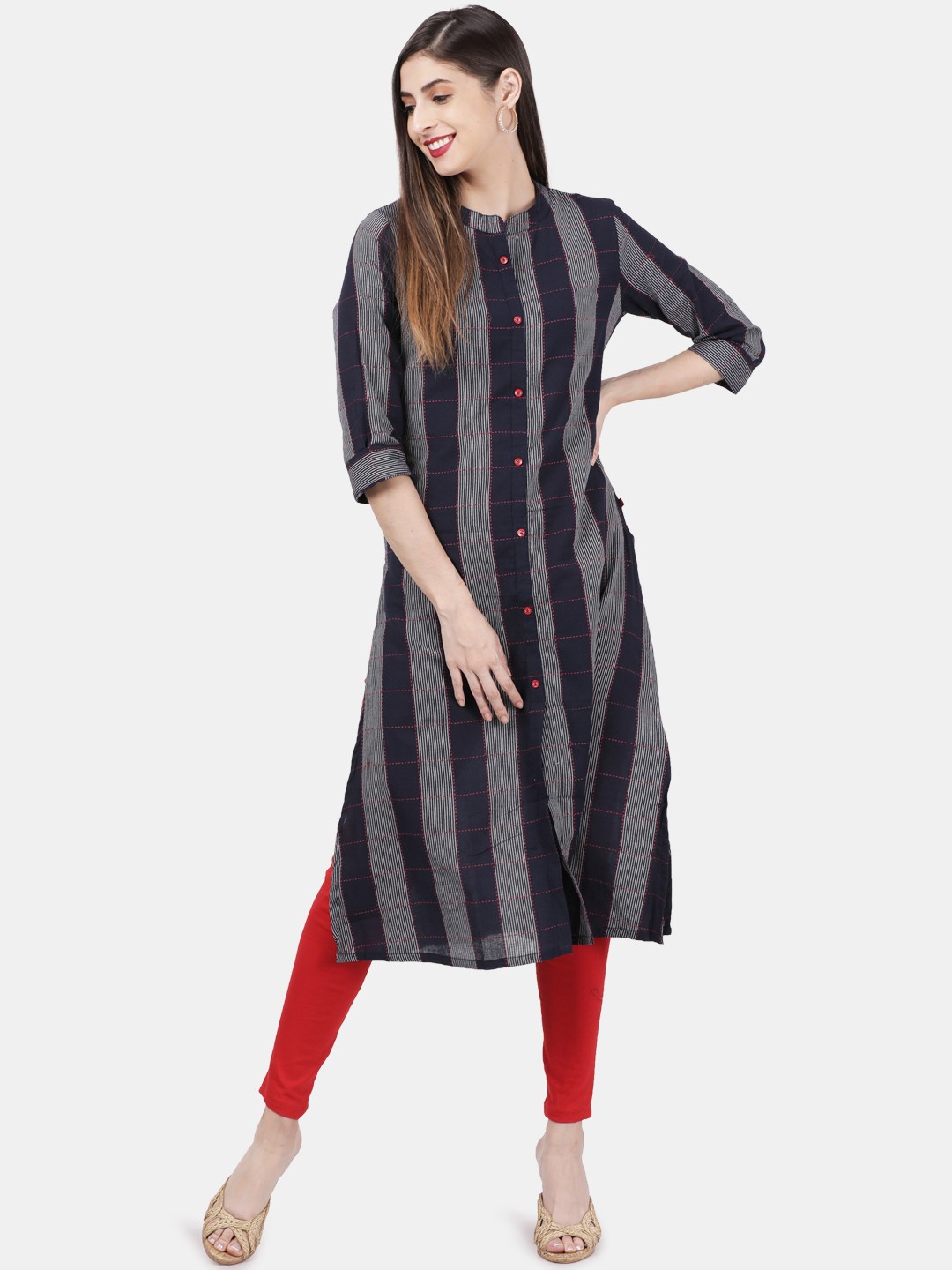 

Alena Women Navy Blue & Grey Striped Straight Kurta