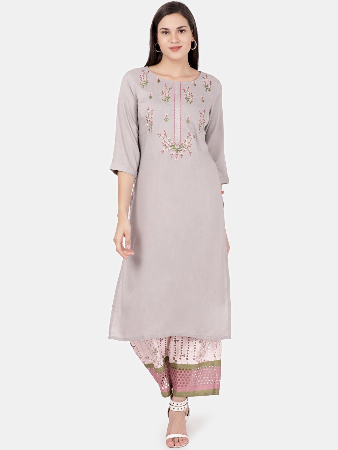 

Alena Women Grey & Pink Yoke Design Kurti with Palazzos