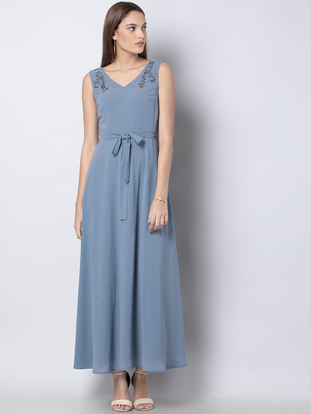 FabAlley Women Blue Solid Maxi Dress with Embellished Detail