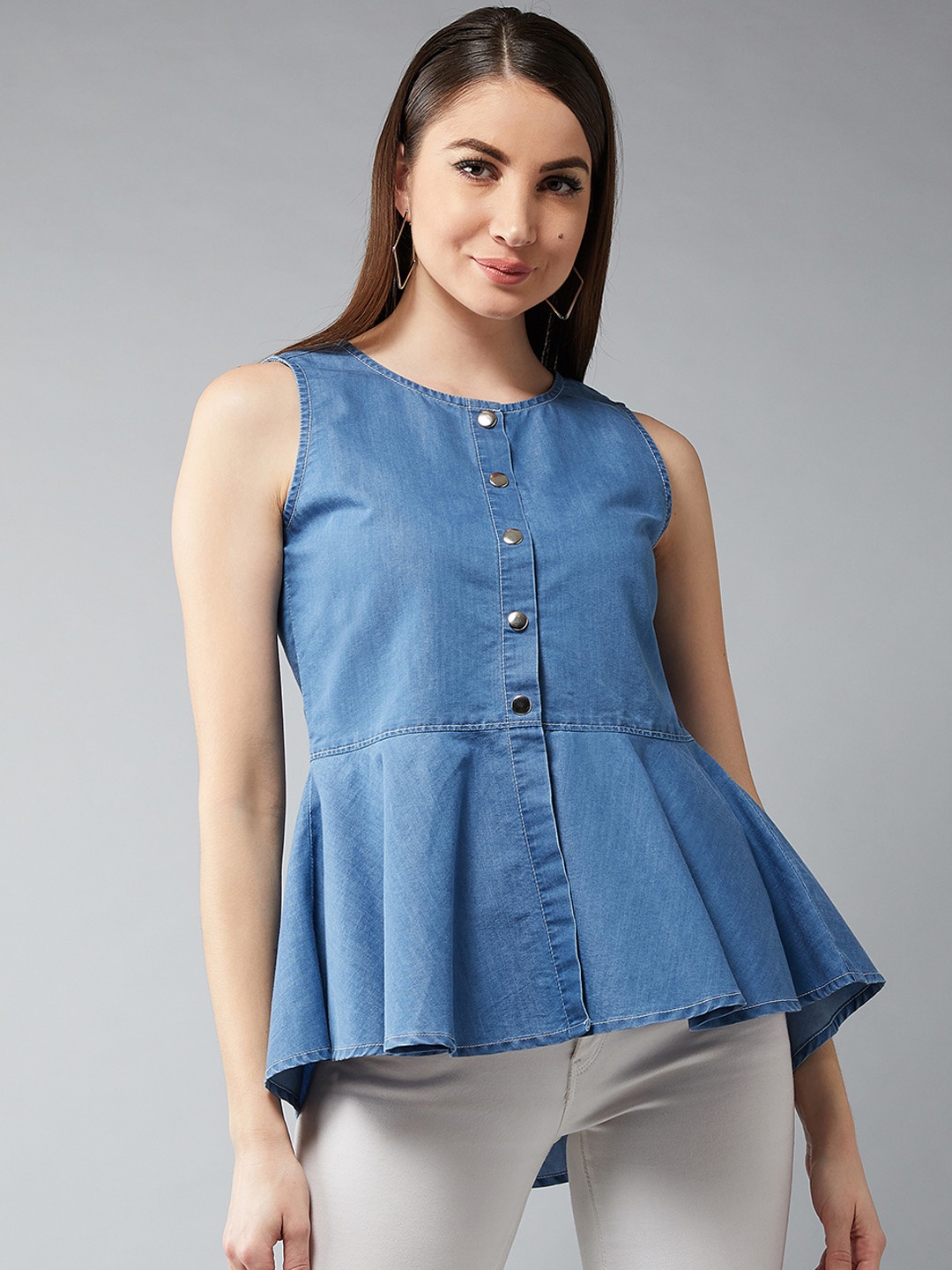 

DOLCE CRUDO Women Lightweight Solid Peplum Denim Pure Cotton Top, Blue