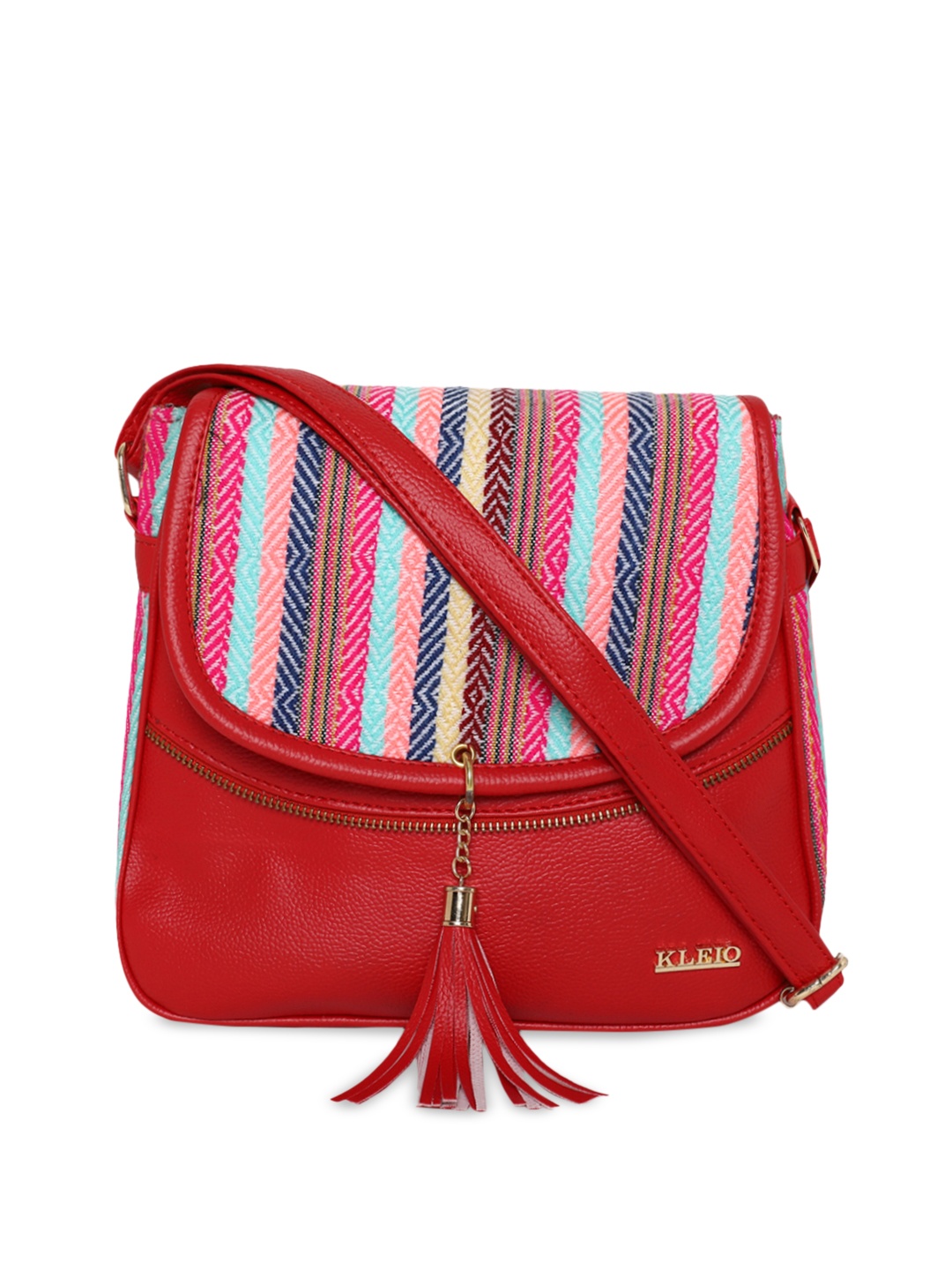 

KLEIO Red Striped Jacquard Half Moon Sling Bag with Tasselled