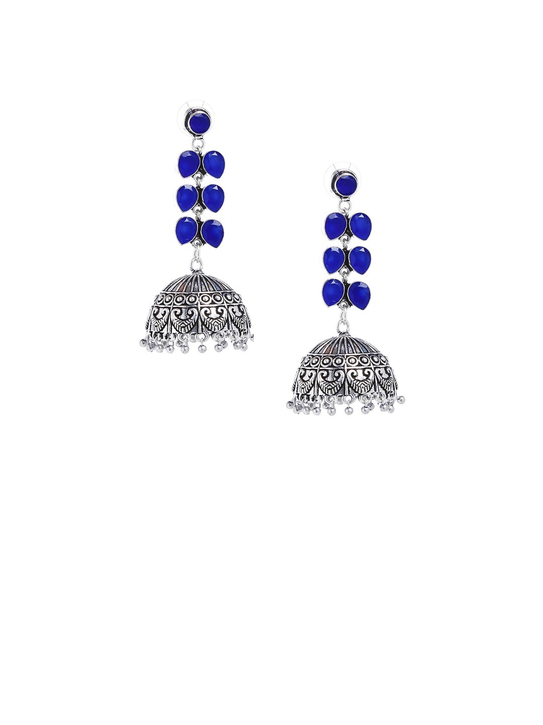 

Bamboo Tree Jewels Silver-Toned & Blue Dome Shaped Jhumkas
