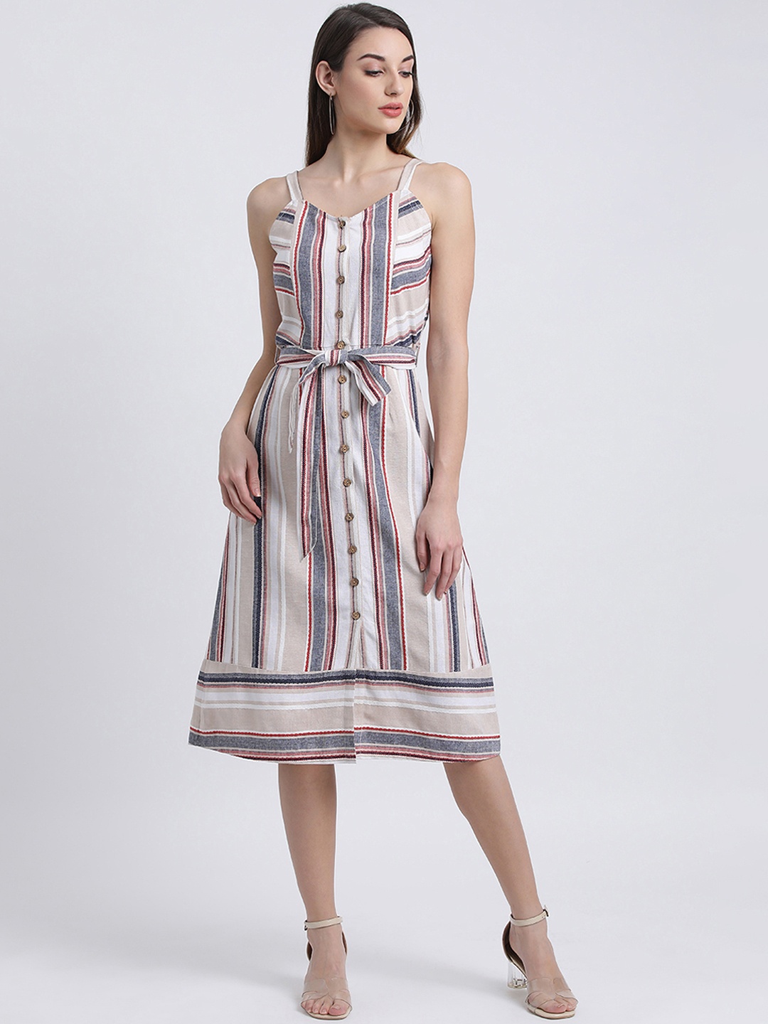 

Zink London Women Grey Striped Fit and Flare Dress