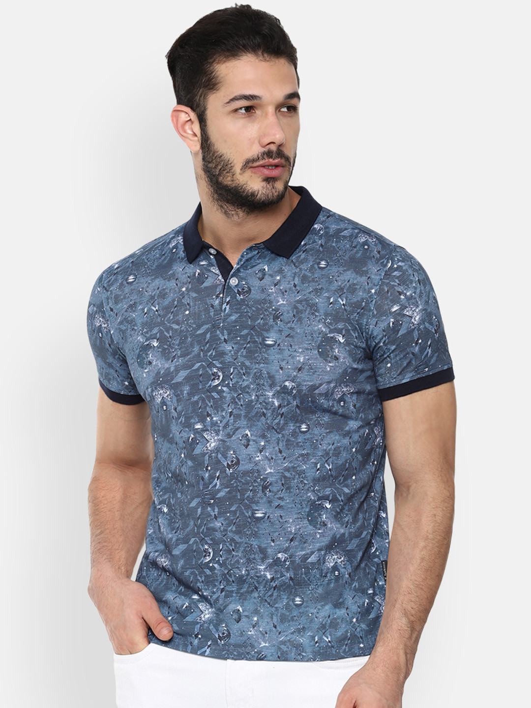 

V Dot Men Blue Printed Polo Collar T-shirt