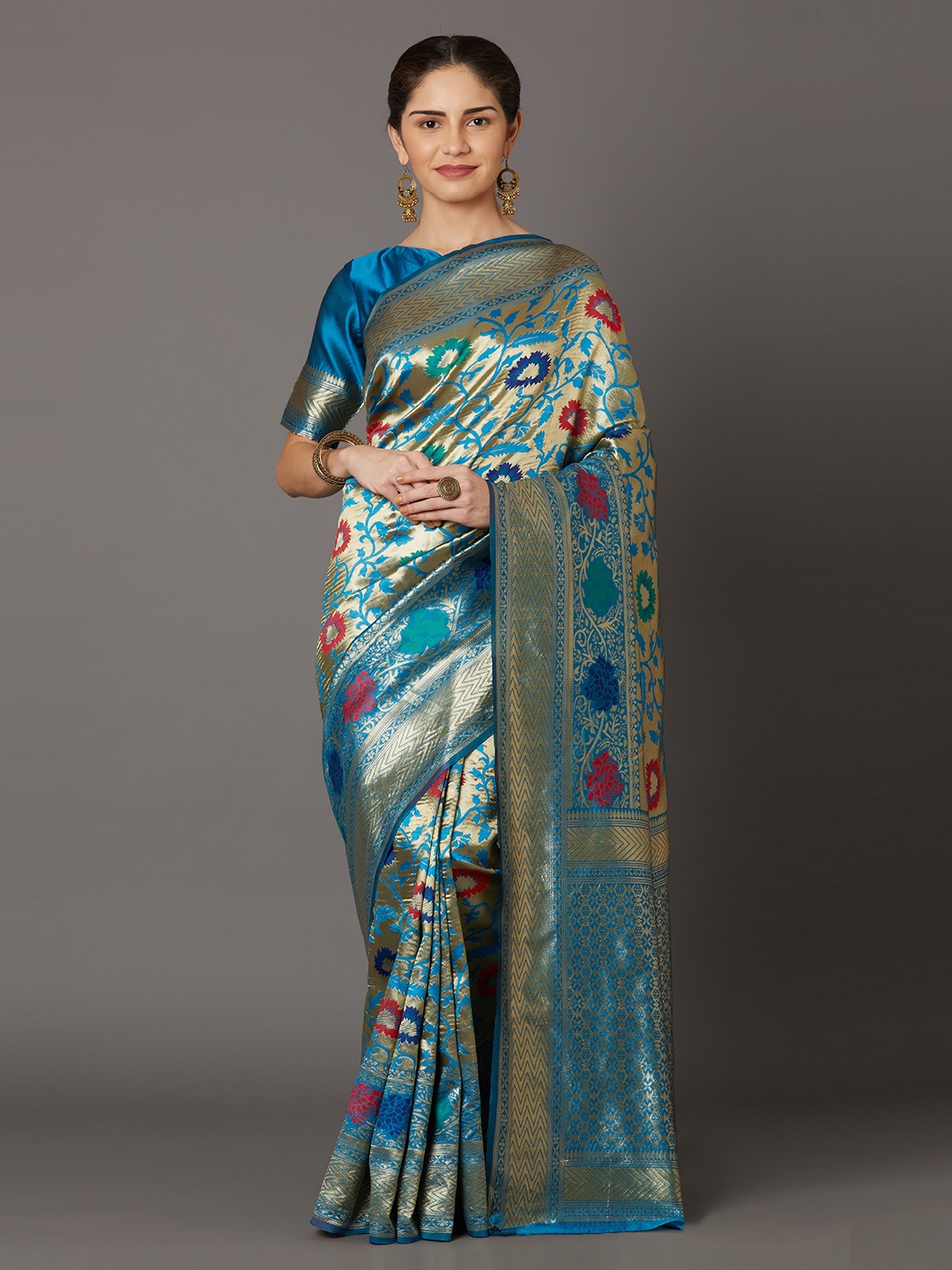 Mitera Turquoise Blue & Golden Silk Blend Woven Design Kanjeevaram Saree