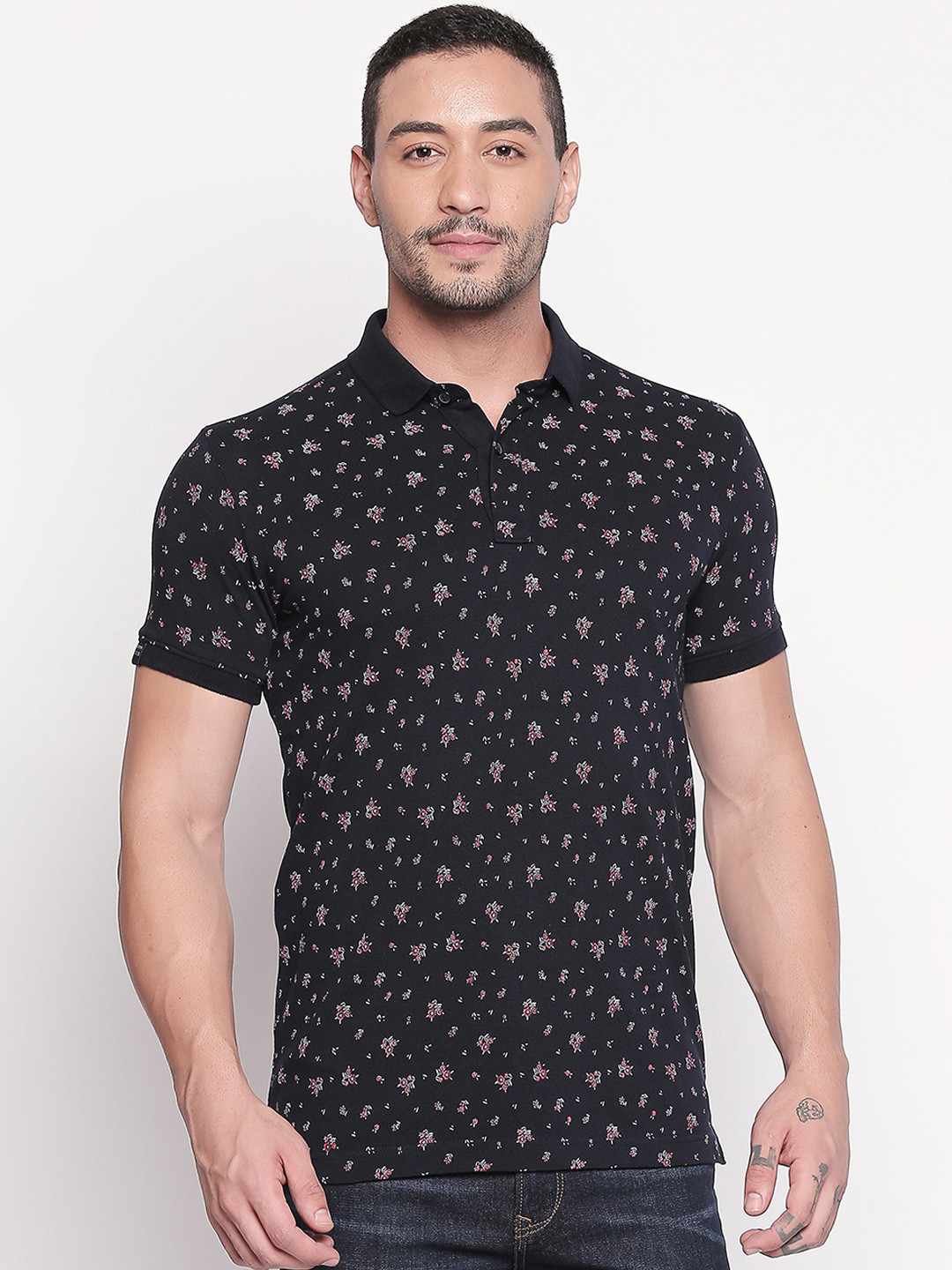 

Mufti Men Navy Blue White Printed Slim Fit Polo Collar Pure Cotton T-shirt