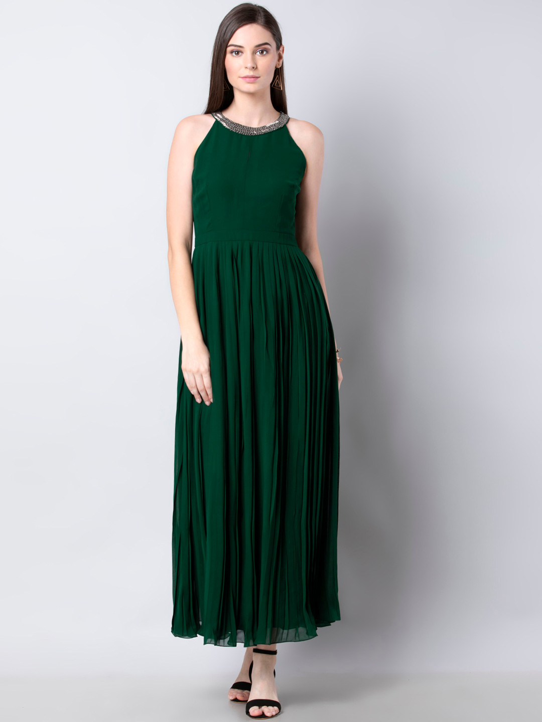 

FabAlley Women Green Solid Maxi Dress with Embellished Detail