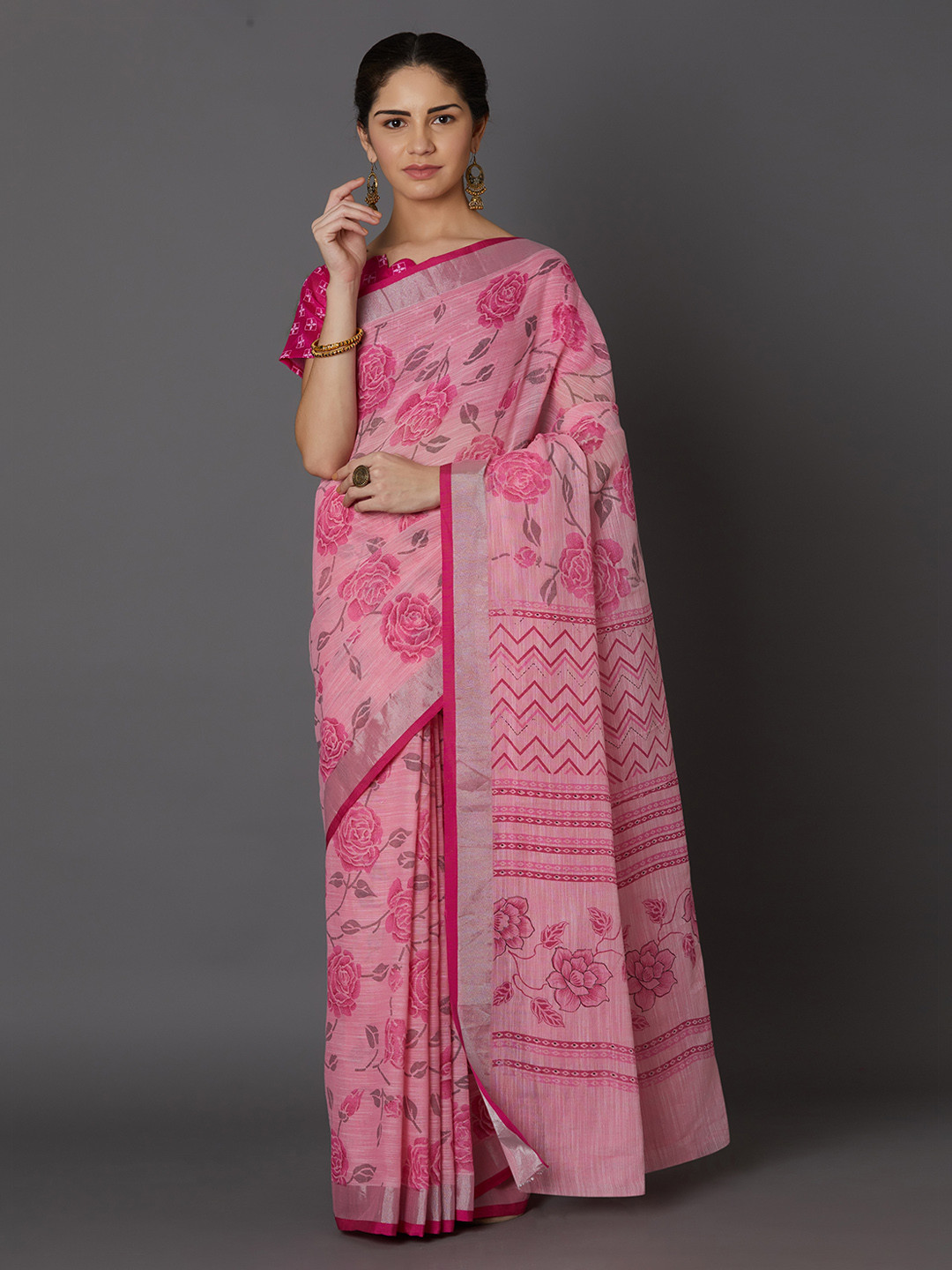 

Mitera Pink Silk Blend Printed Mysore Silk Saree