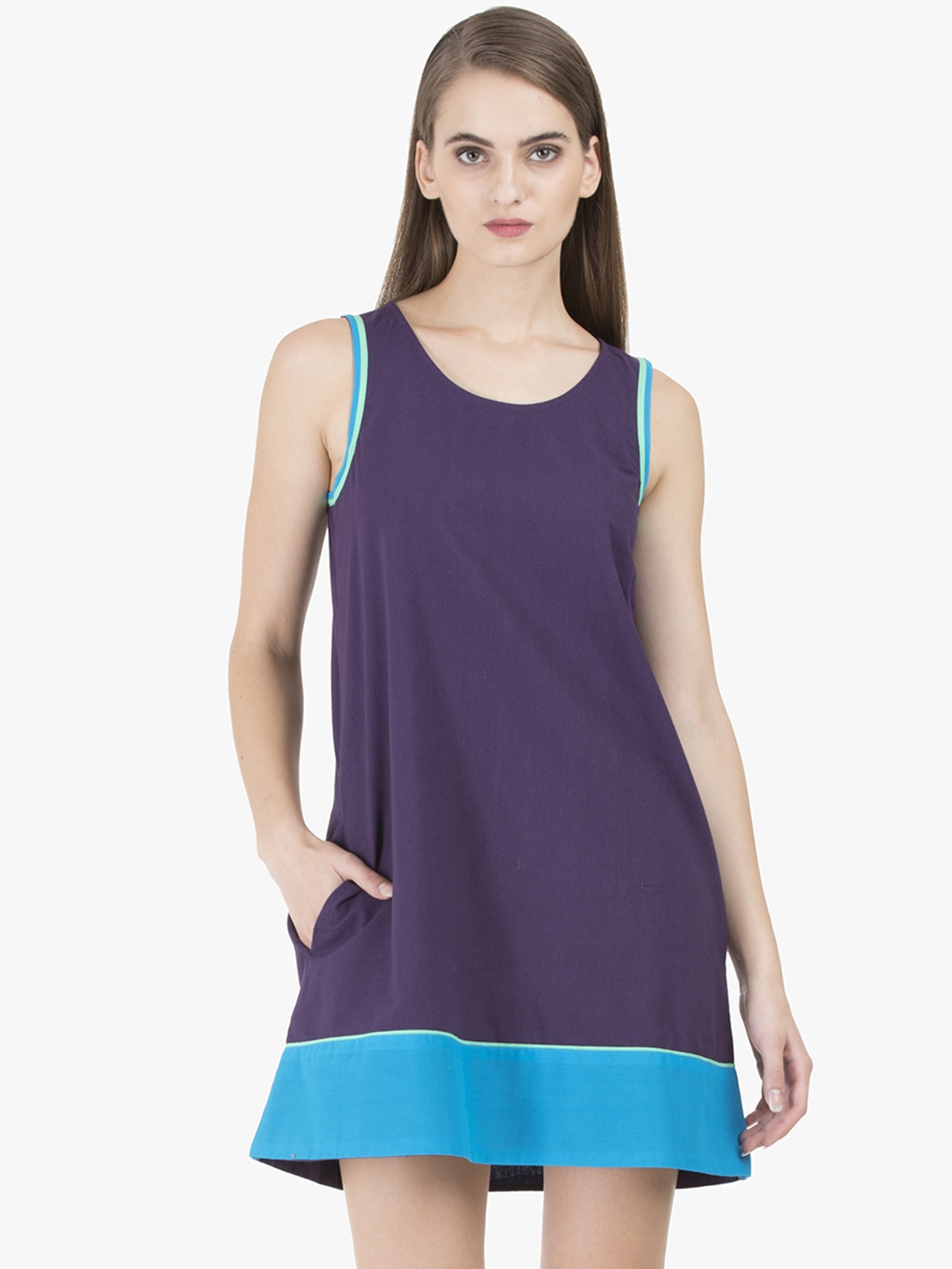 

GRASS by Gitika Goyal Women Purple Colourblocked A-Line Dress
