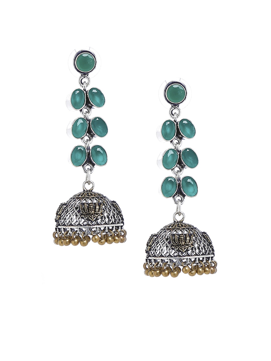 

Bamboo Tree Jewels Green & Silver-Toned Handcrafted Dome Shaped Jhumkas