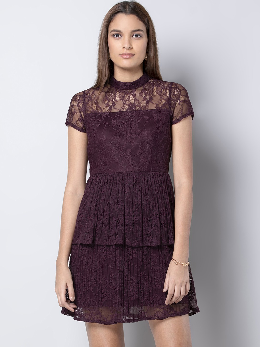 

FabAlley Women Burgundy Self Design Fit and Flare Dress