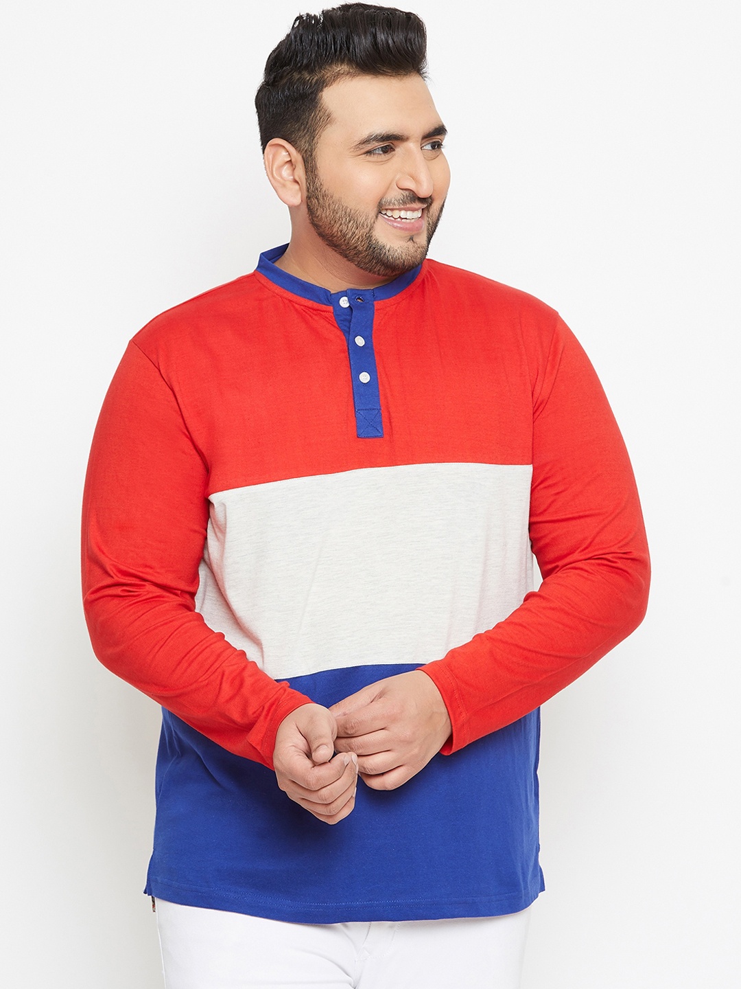

bigbanana Plus Size Men Red Blue Colourblocked Bio Finish Henley Neck Pure Cotton T-shirt