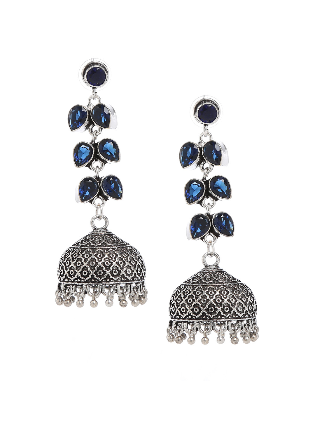 

Bamboo Tree Jewels Blue & Silver-Toned Dome Shaped Handcrafted Jhumkas