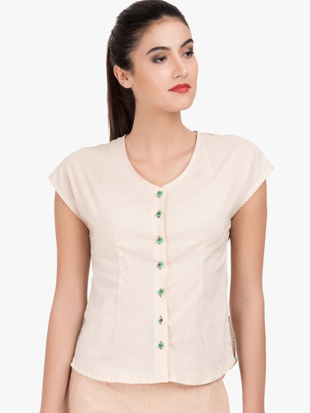 

GRASS by Gitika Goyal Women Cream-Coloured Solid Shirt Style Pure Cotton Top