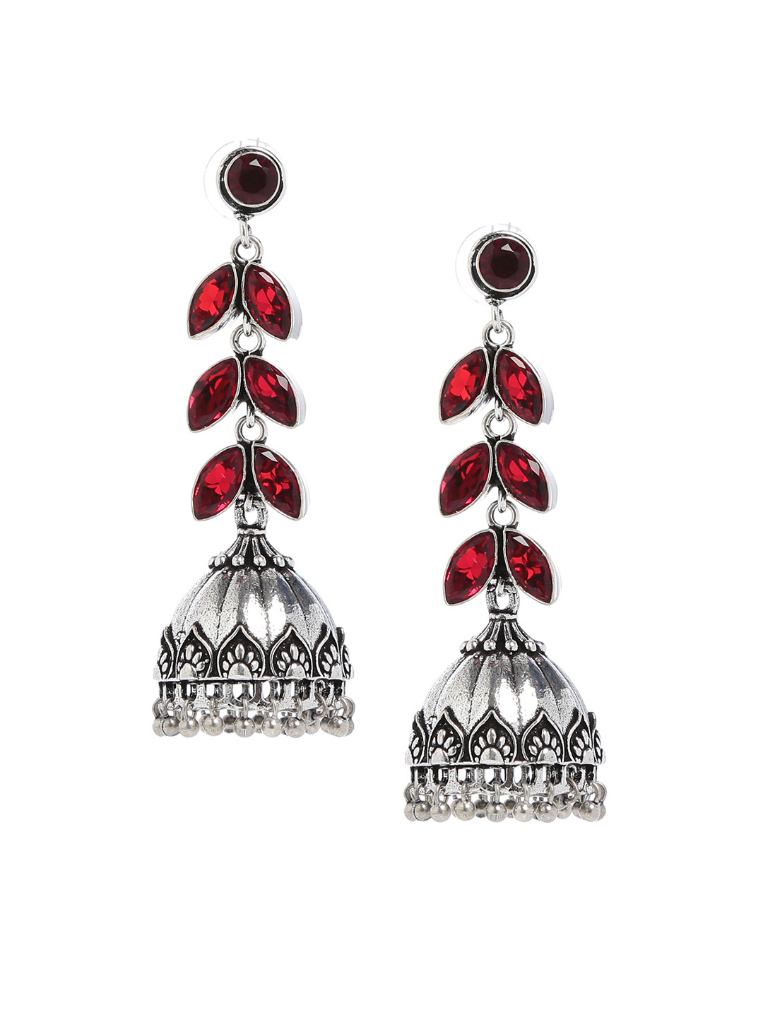 

Bamboo Tree Jewels Red & Silver-Toned Dome Shaped Handcrafted Jhumkas