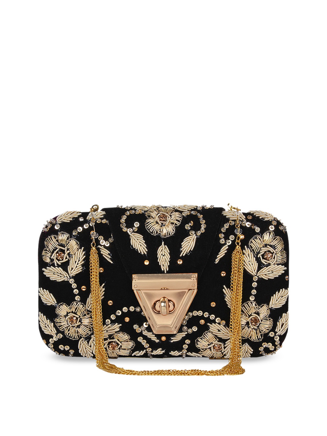 Anekaant Black & Gold-Toned Embellished Velvet Box Clutch