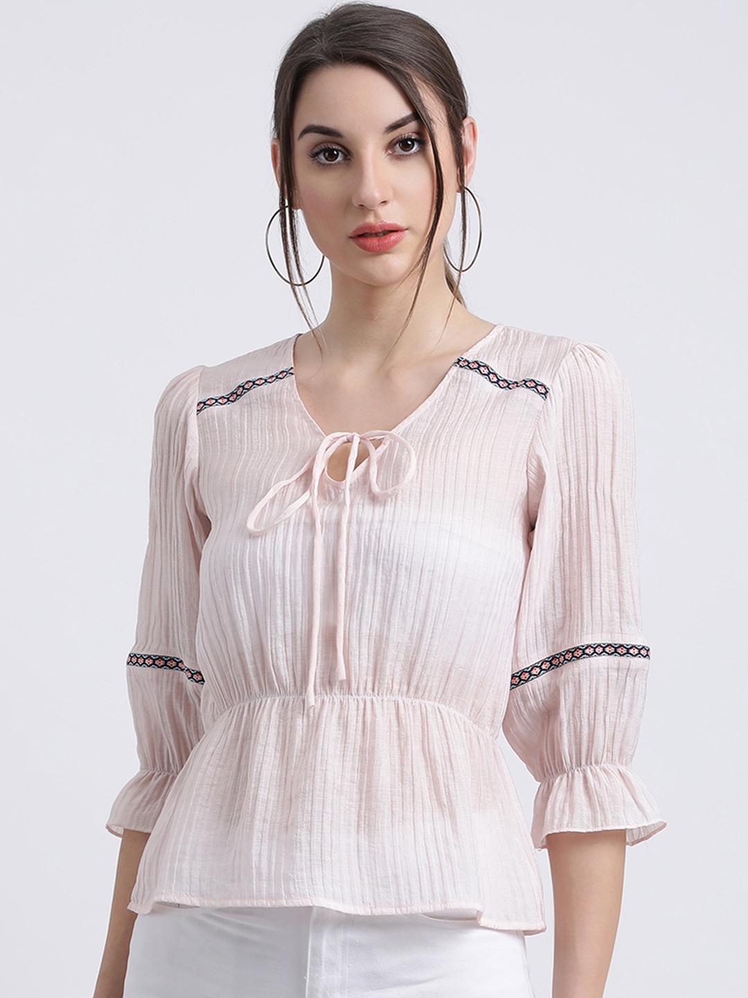 

Zink London Women Peach-Coloured Self Design Cinched Waist Top