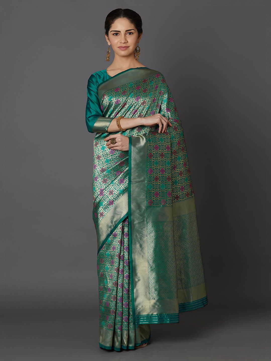 

Mitera Green Silk Blend Woven Design Kanjeevaram Saree