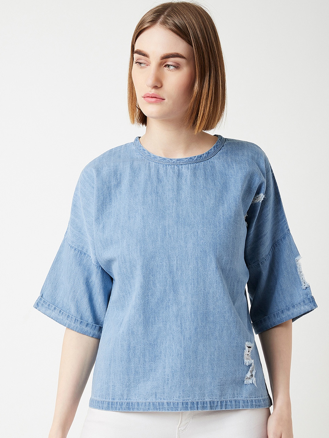 

Miss Chase Women Blue Solid Denim Boxy Top