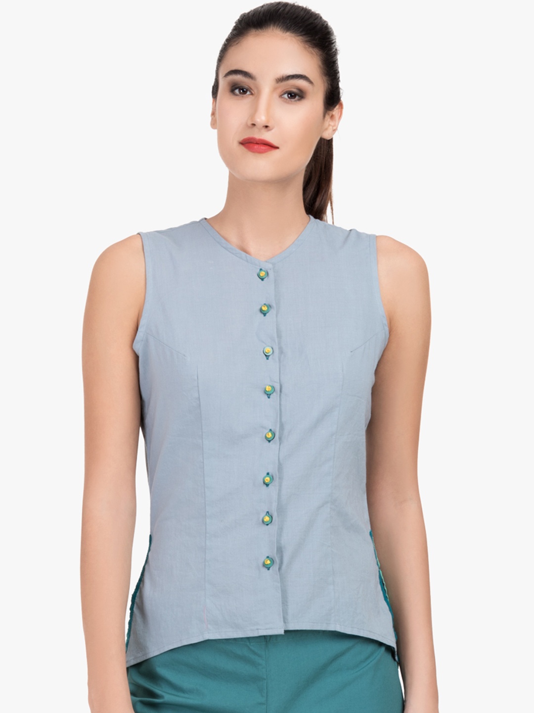

GRASS by Gitika Goyal Women Blue Solid Pure Cotton Top