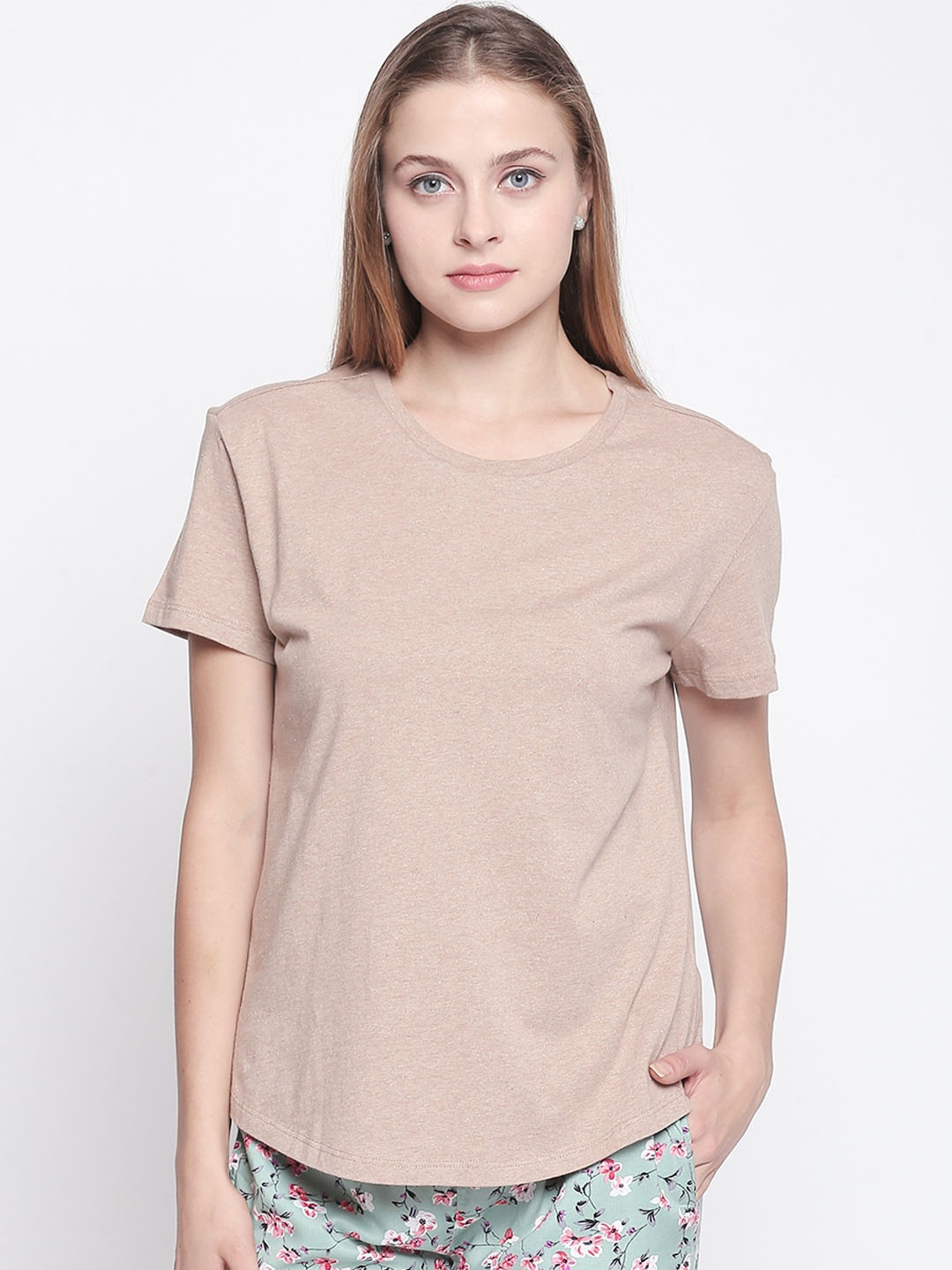 

Dreamz by Pantaloons Women Beige Solid Pure Cotton Lounge tshirt
