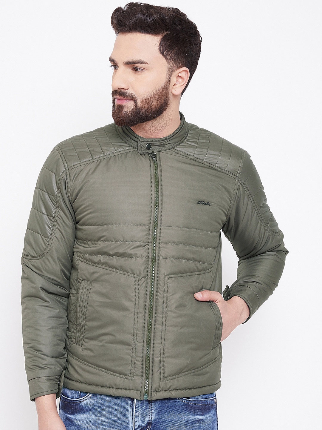 

Adobe Men Olive Green Solid Puffer Jacket