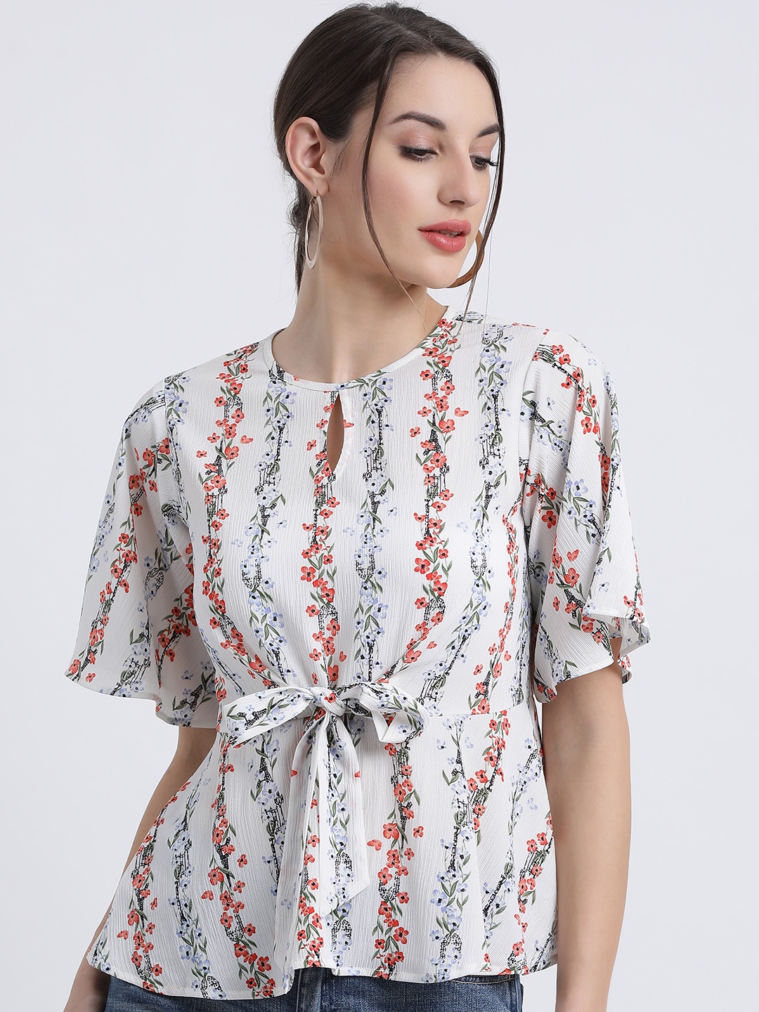 

Zink London Women White Printed Cinched Waist Top