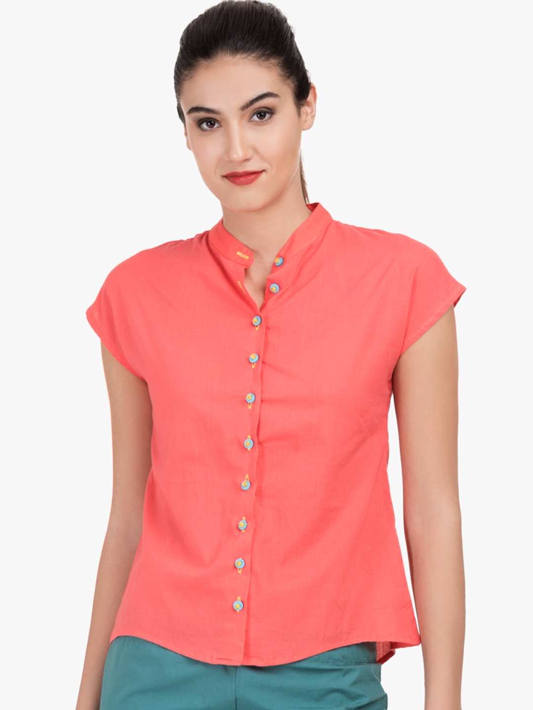 

GRASS by Gitika Goyal Women Coral Pink Solid Shirt Style Pure Cotton Top