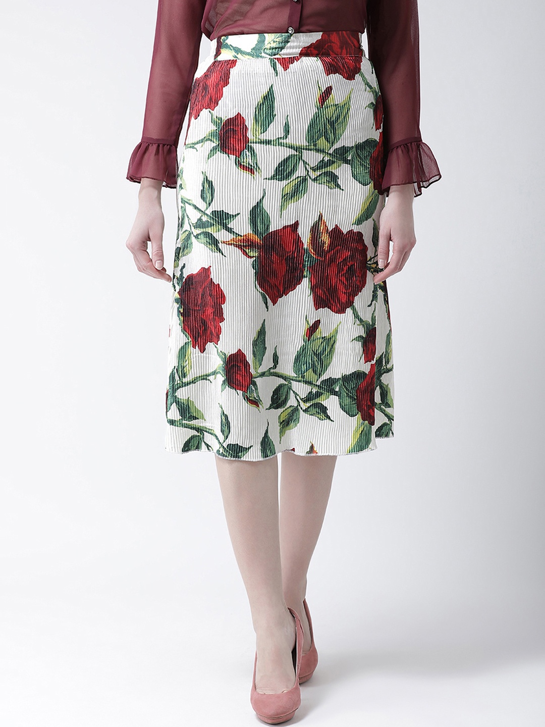 

KASSUALLY Women White & Red Floral Printed Pleated A-Line Midi Skirt
