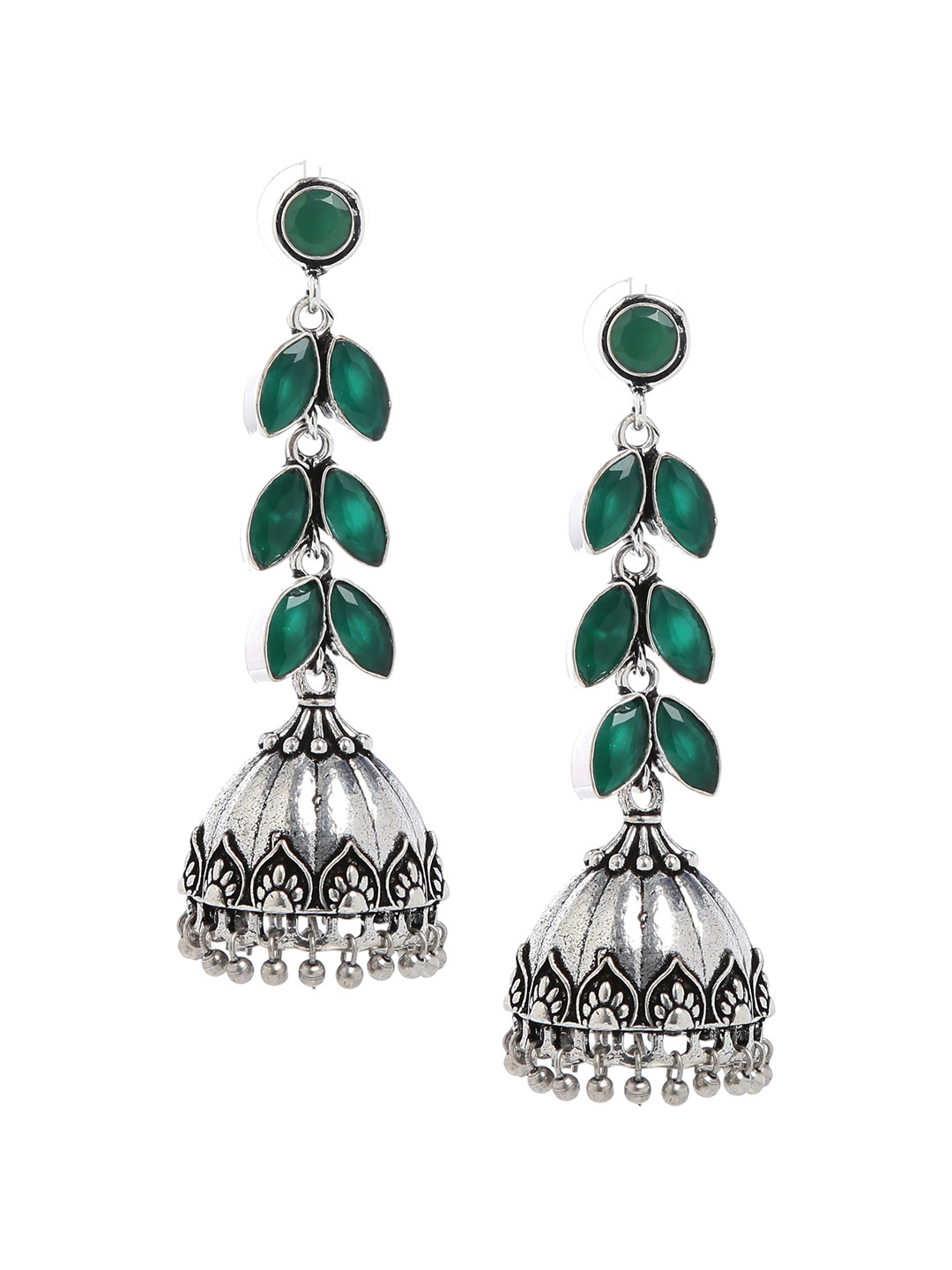 

Bamboo Tree Jewels Green & Silver-Toned Dome Shaped Jhumkas