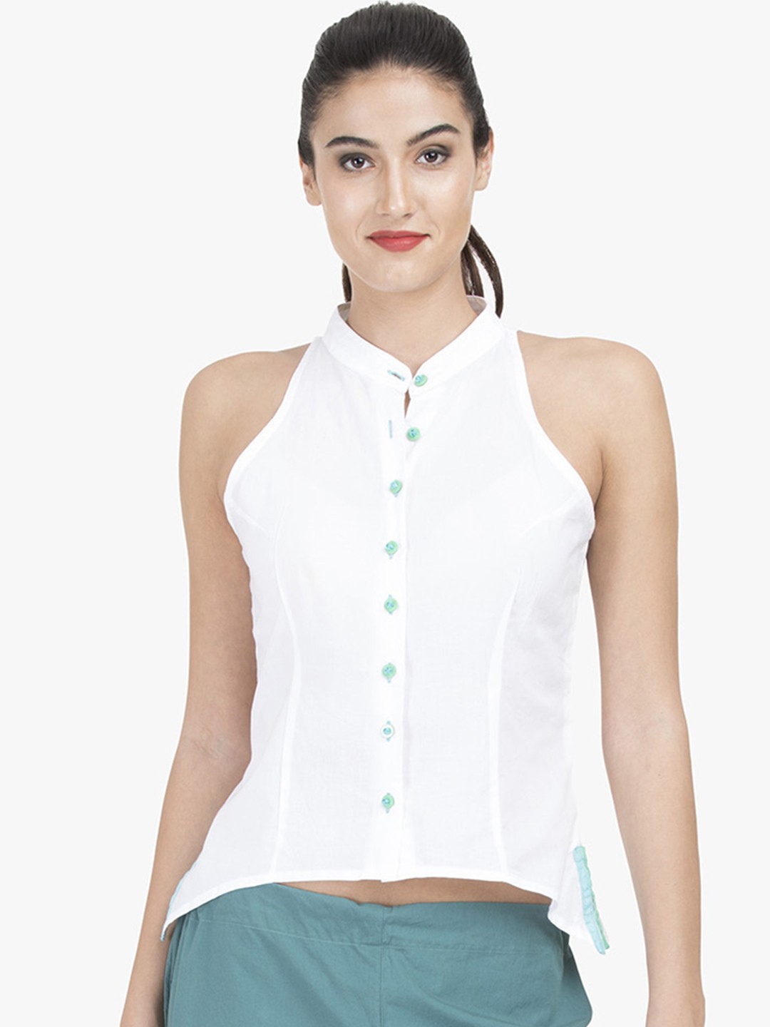 

GRASS by Gitika Goyal Women White Solid Shirt Style Pure Cotton Top