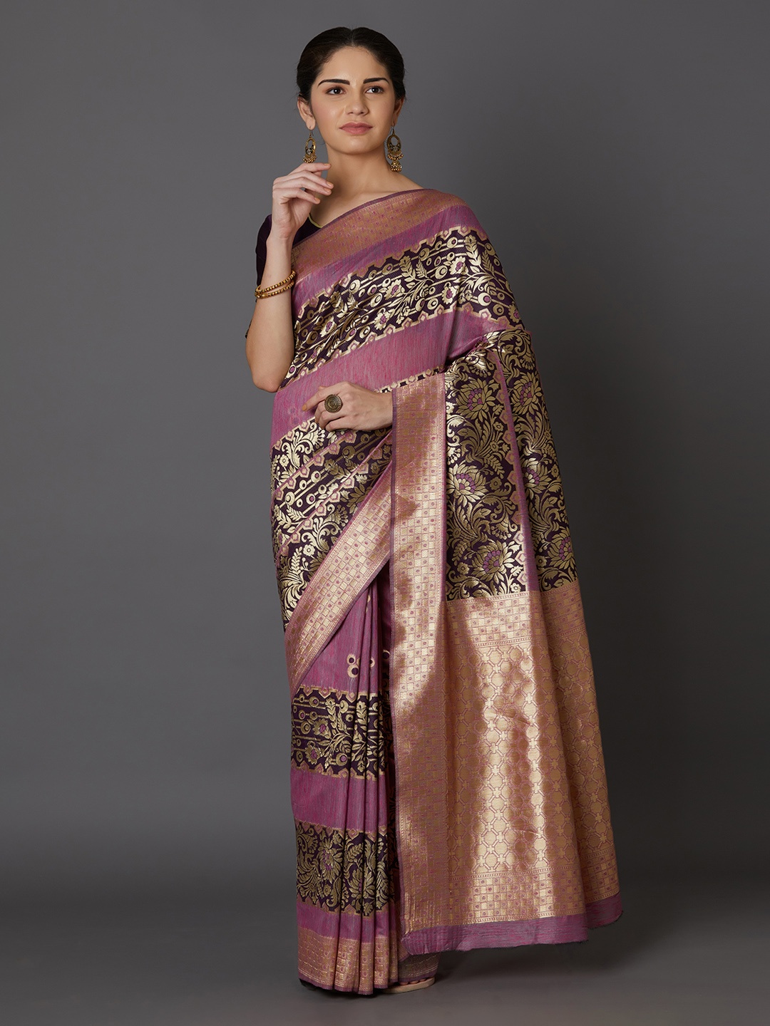 

Mitera Lavender & Brown Silk Blend Woven Design Kanjeevaram Saree