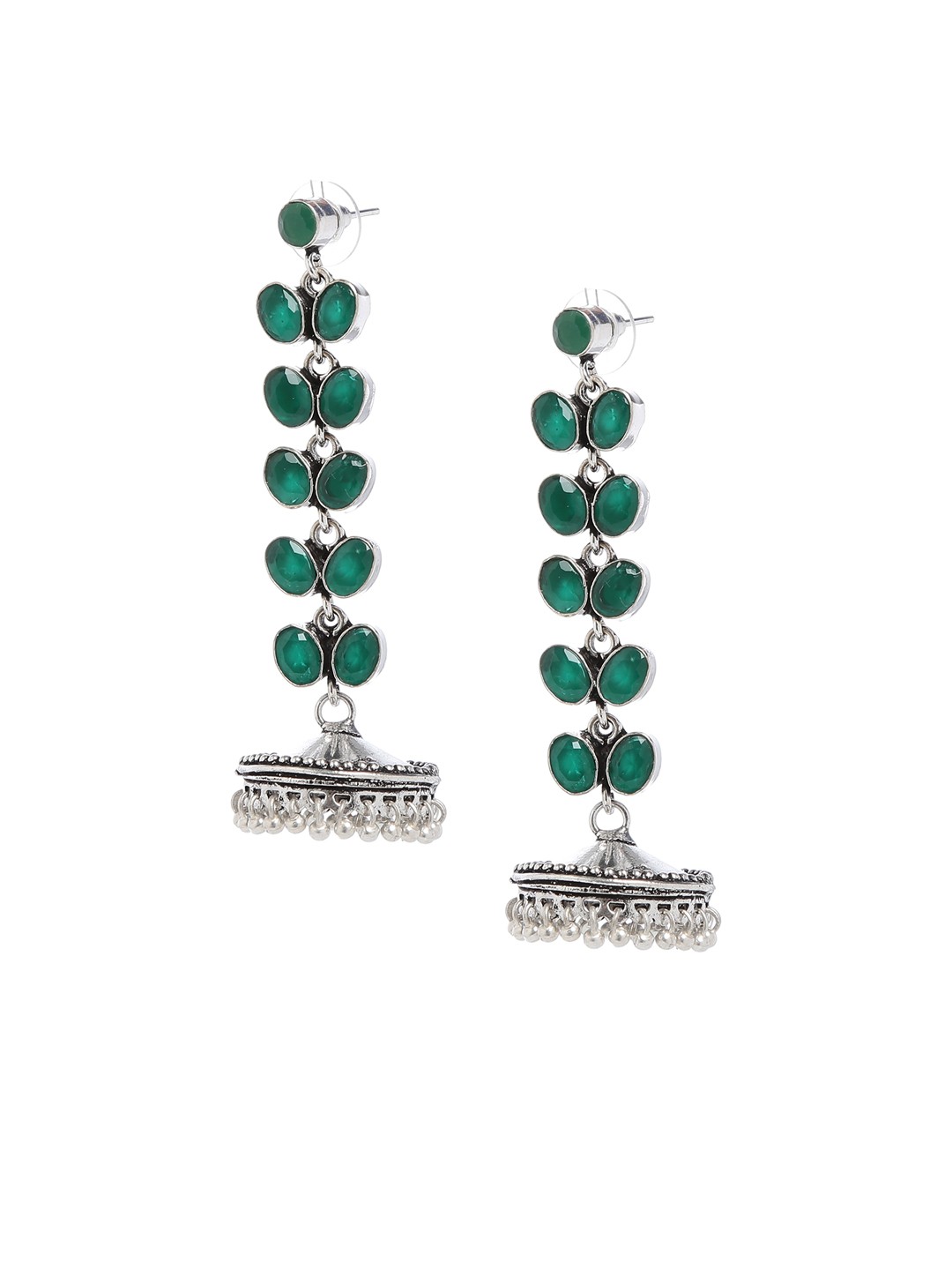 

Bamboo Tree Jewels Green & Silver-Toned Contemporary Handcrafted Jhumkas