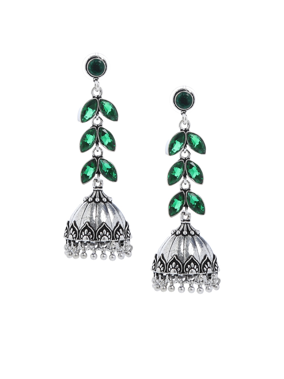 

Bamboo Tree Jewels Green & Silver-Toned Dome Shaped Handcrafted Jhumkas