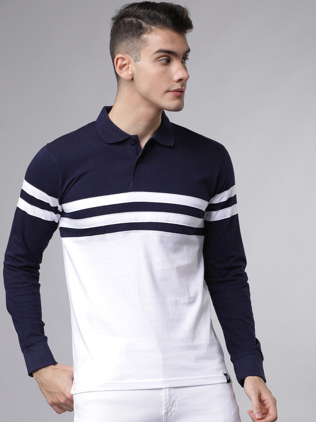 

LOCOMOTIVE Men Navy Blue & White Colourblocked Polo Collar T-shirt