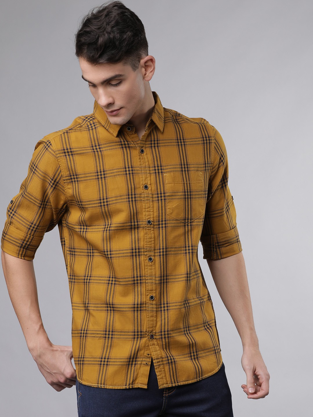 

LOCOMOTIVE Men Mustard Orange & Navy Blue Slim Fit Checked Casual Shirt