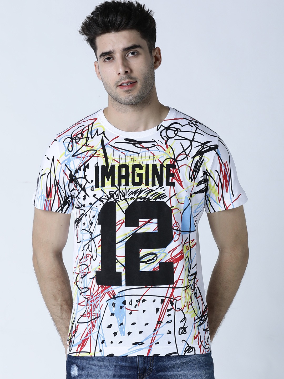 

Huetrap Men White Printed Round Neck T-shirt