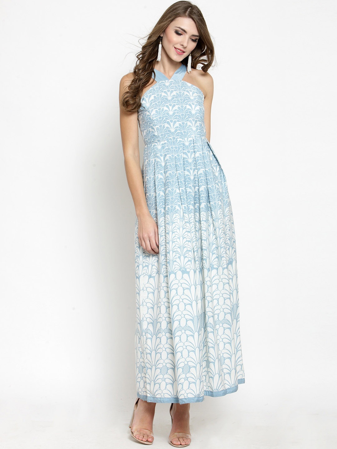 Sera Women Blue & White Printed Maxi Dress