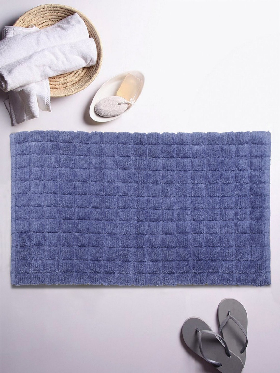 ROMEE Blue Solid Cotton Bath Rug