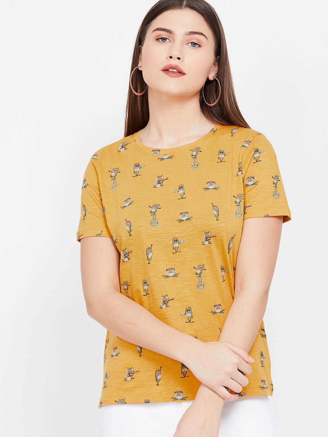 

Ginger by Lifestyle Women Mustard Yellow & Grey Printed Round Neck T-shirt