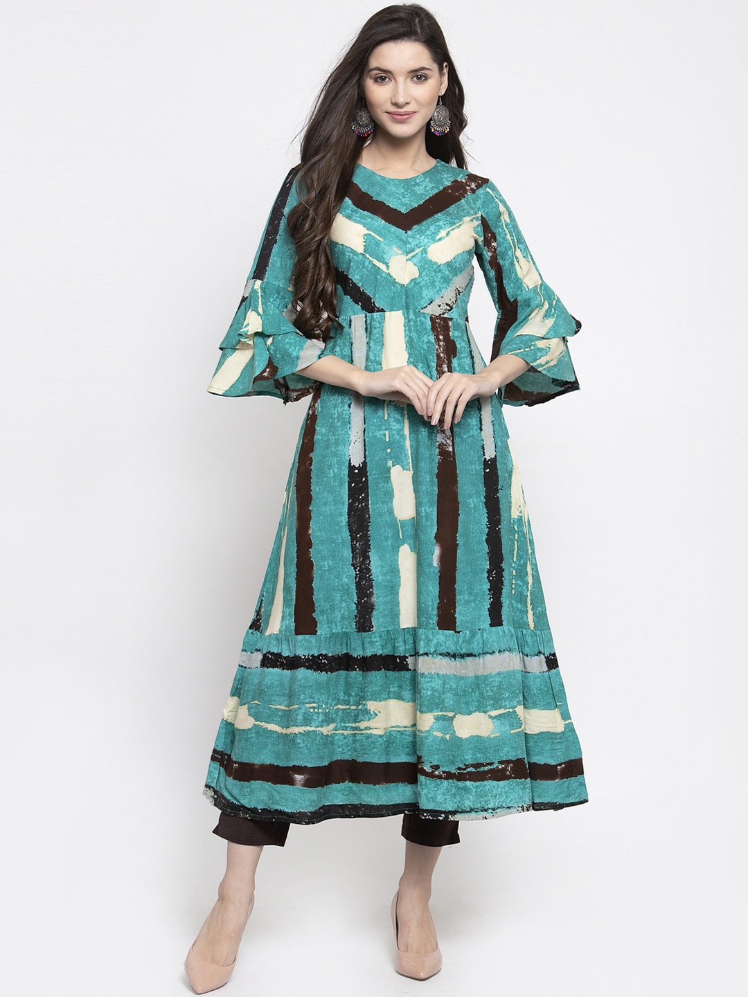 

Indibelle Women Teal Blue & Brown Striped A-Line Kurta