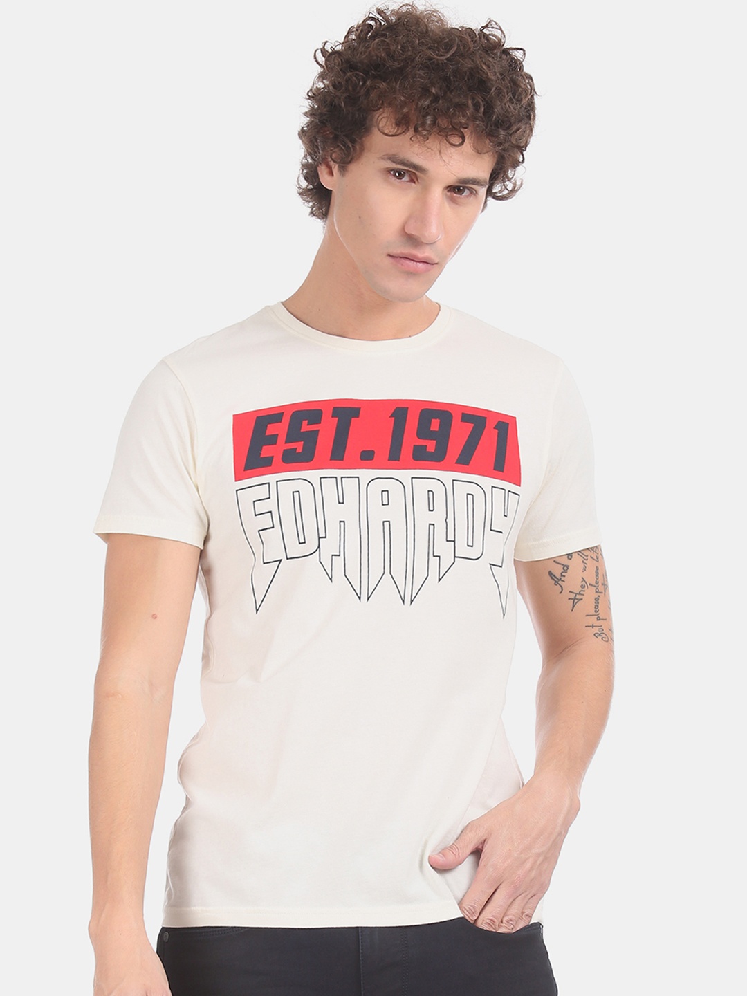 

Ed Hardy Men White Navy Blue Printed Round Neck Pure Cotton T-shirt