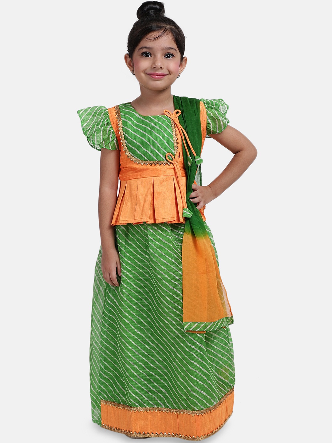

BownBee Girls Green & Orange Printed Ready to Wear Lehenga & Blouse with Dupatta