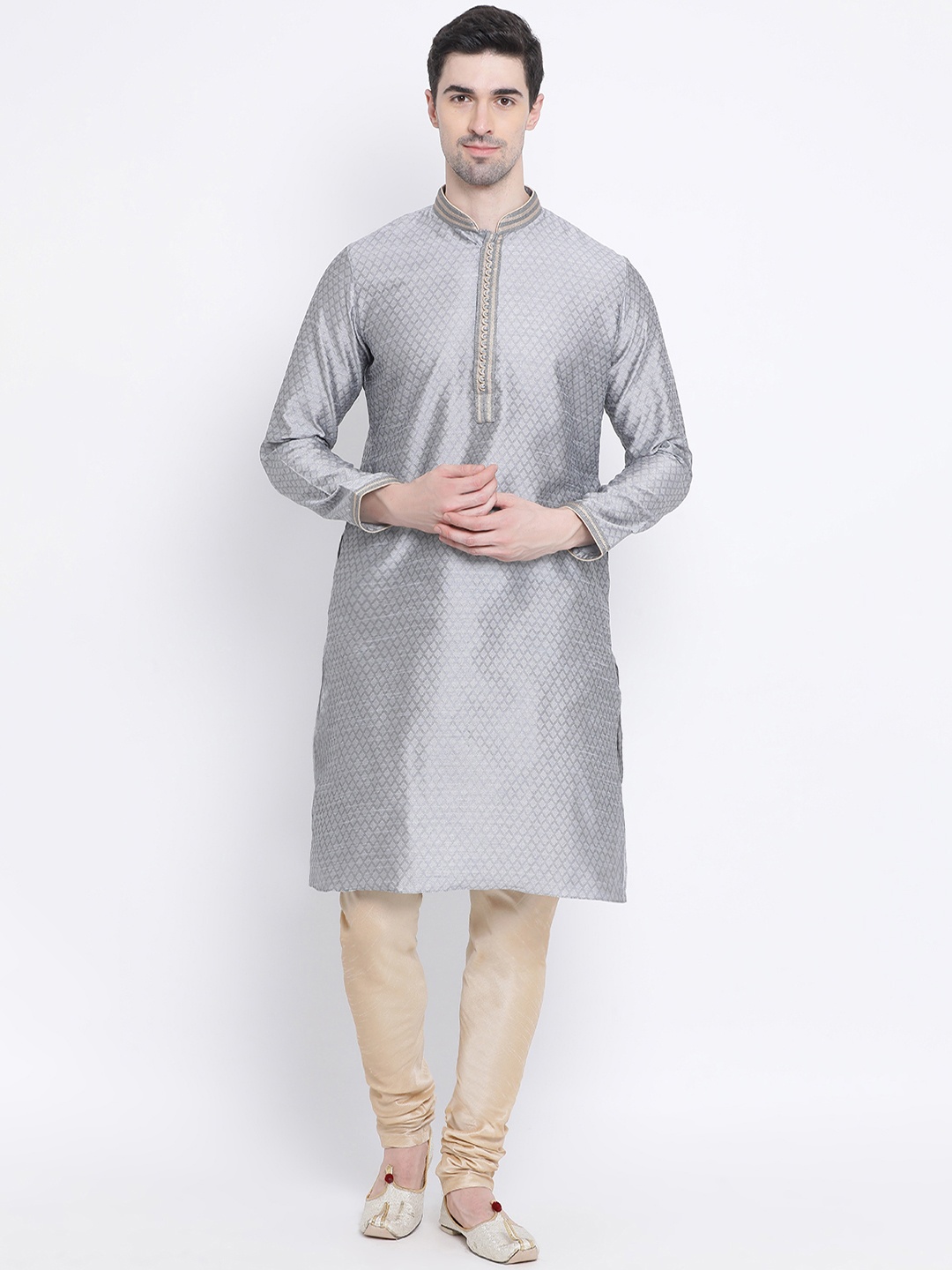 Sanwara Men Silver-coloured & Gold-coloured Self Design Kurta with Churidar
