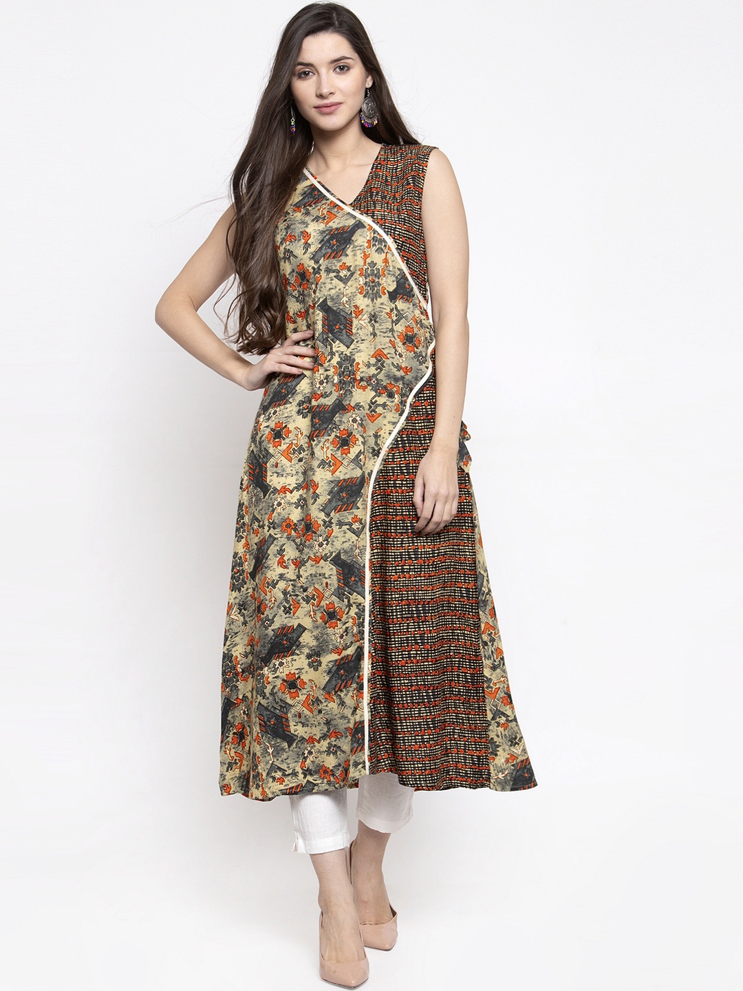 

Indibelle Women Beige & Orange Printed A-Line Angrakha Kurta