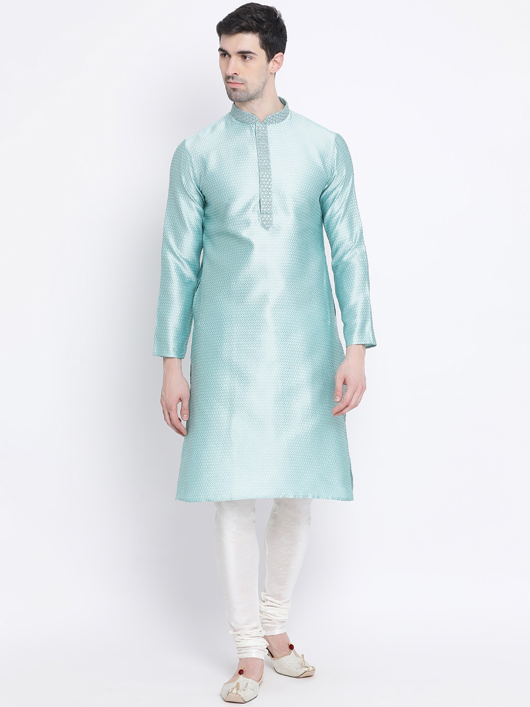 

Sanwara Men Blue & White Self Design Kurta with Churidar