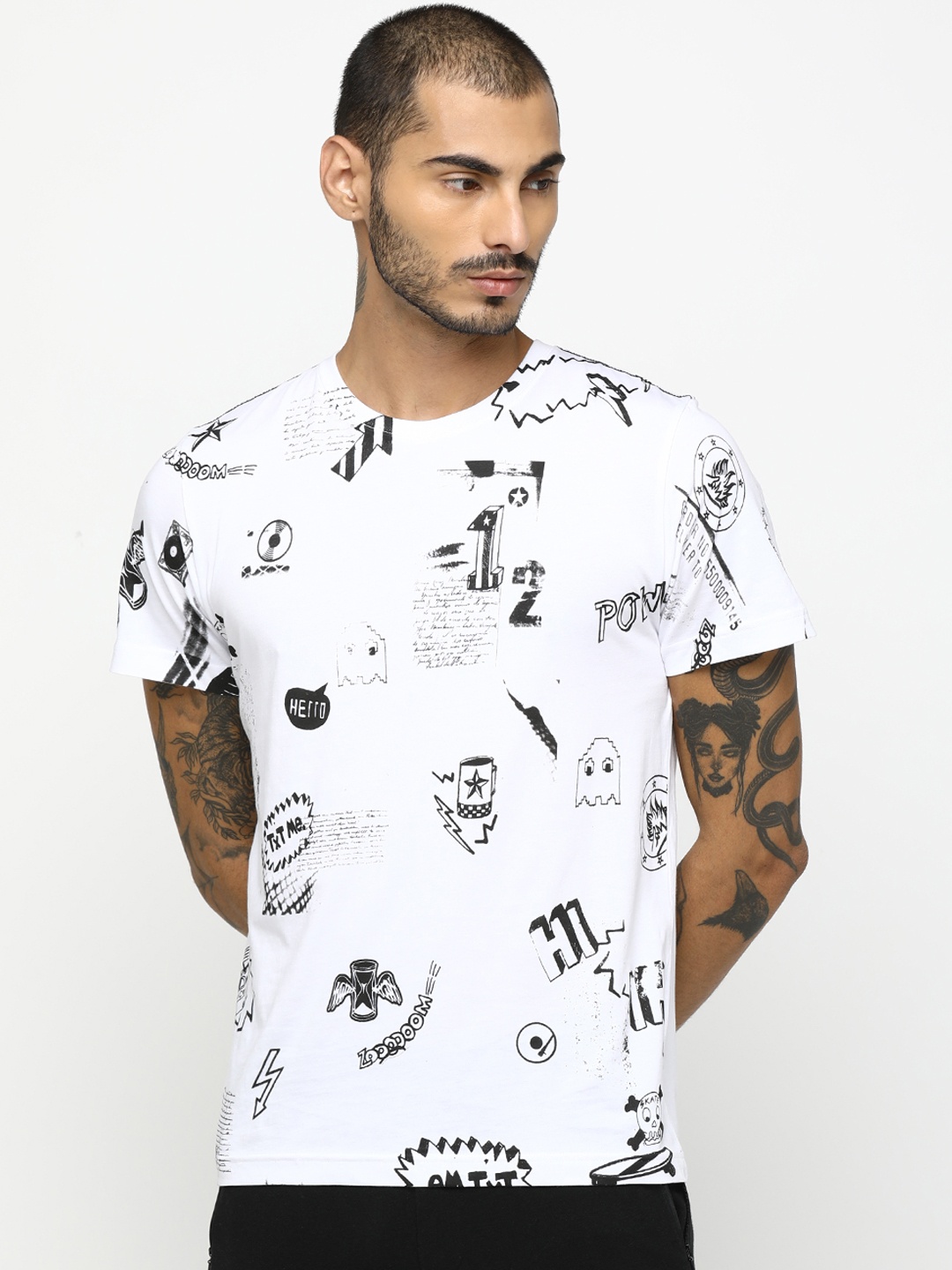 

Huetrap Men White Printed Round Neck T-shirt