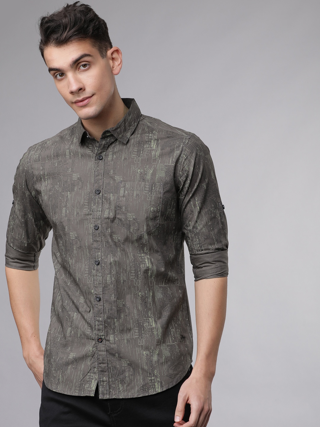LOCOMOTIVE Men Grey & Green Slim Fit Printed Casual Shirt